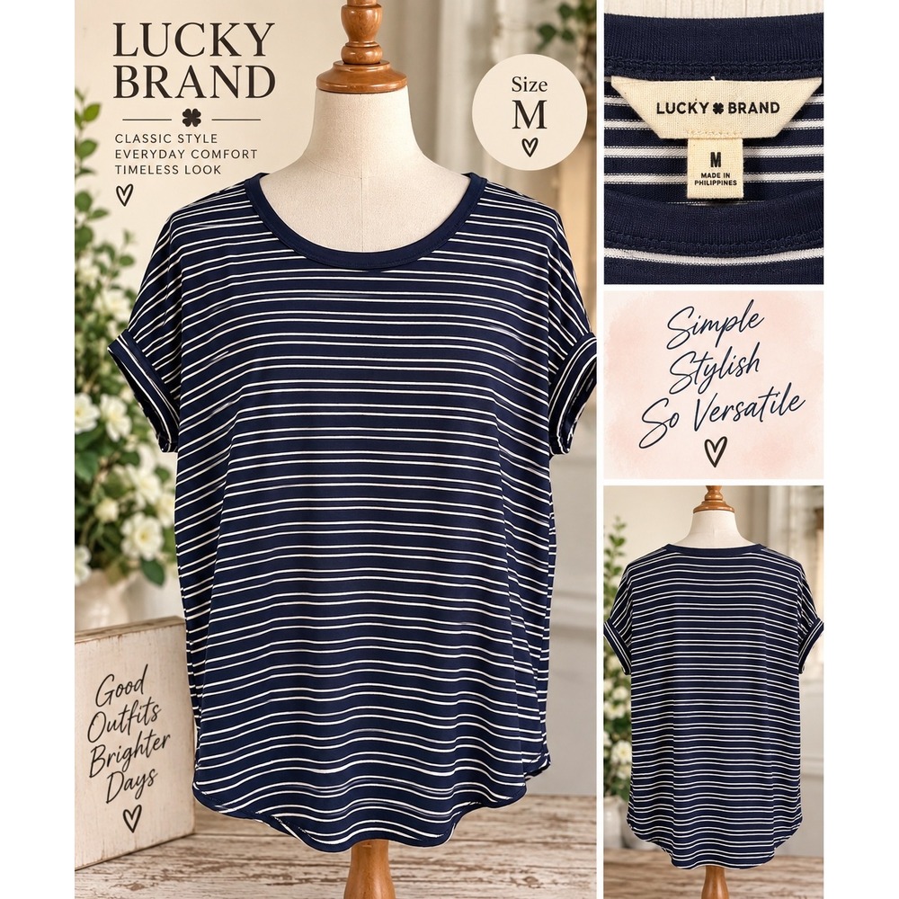 Lucky Brand Navy Blue White Striped Short Sleeve Top Medium Boxy Crew Neck Tee